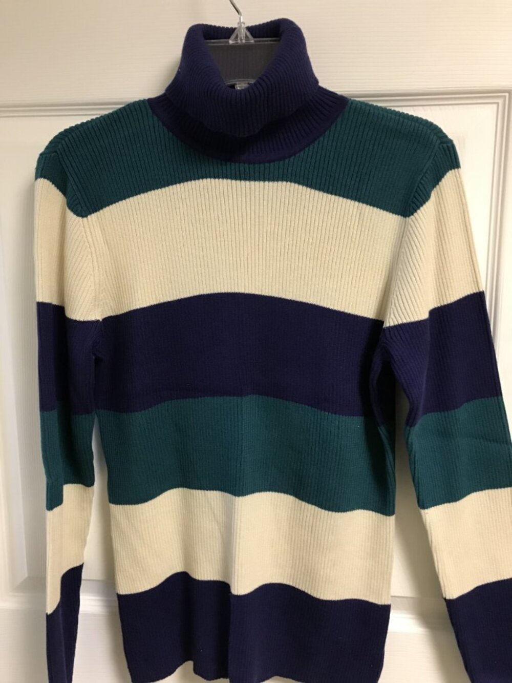 Womens Liz & Co. green blue off white striped  turtleneck sweater size large NWT